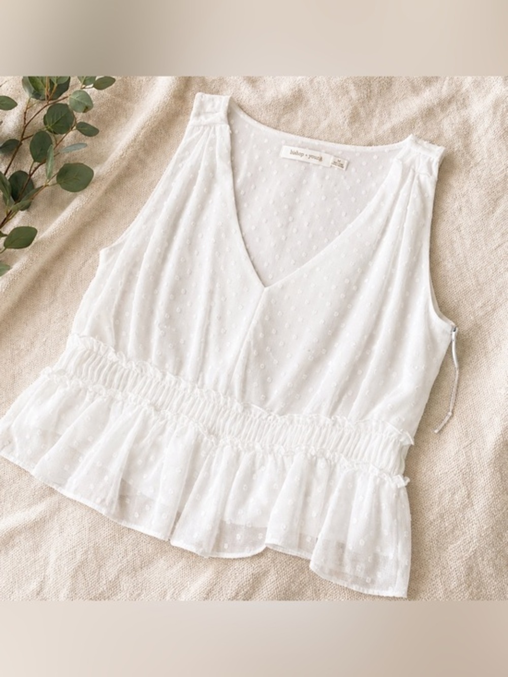 Bishop + Young White Swiss Dot Tank | V-Neck Peplum Blouse |Feminine Layered Top
